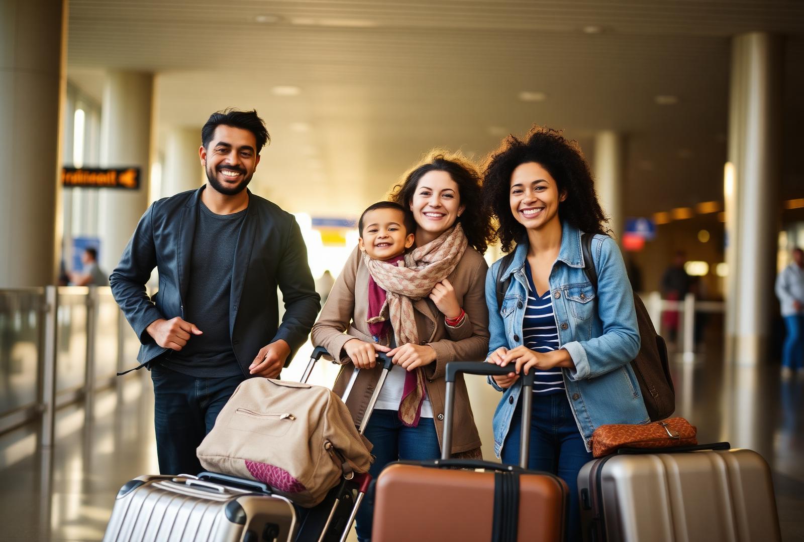 Famille arrivant à l'aéroport avec ses bagages